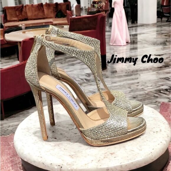 JIMMY CHOO SPARKLY GLITTERY T STRAP PEEP TOE HIGH HEEL STILETTO SHOES SIZE 37.5 - Picture 2 of 7